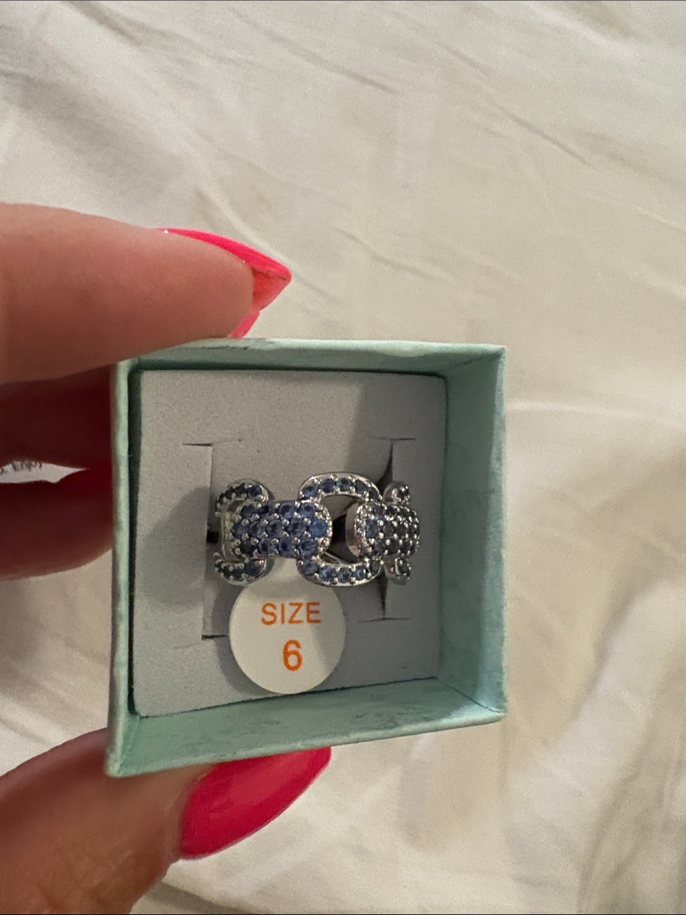 Silver Tone Blue Crystal Link Ring - Size 6